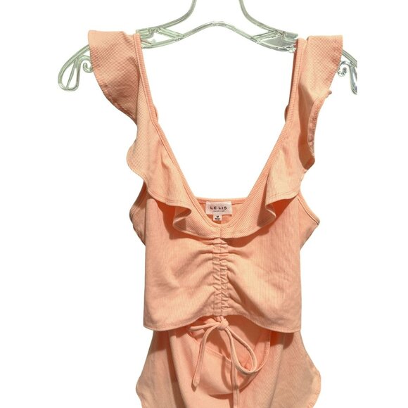 Le Lis Ruffled Ribbed Thong Apricot Bodysuit Ruched Tie Key Hole Front Sz M - Picture 2 of 7
